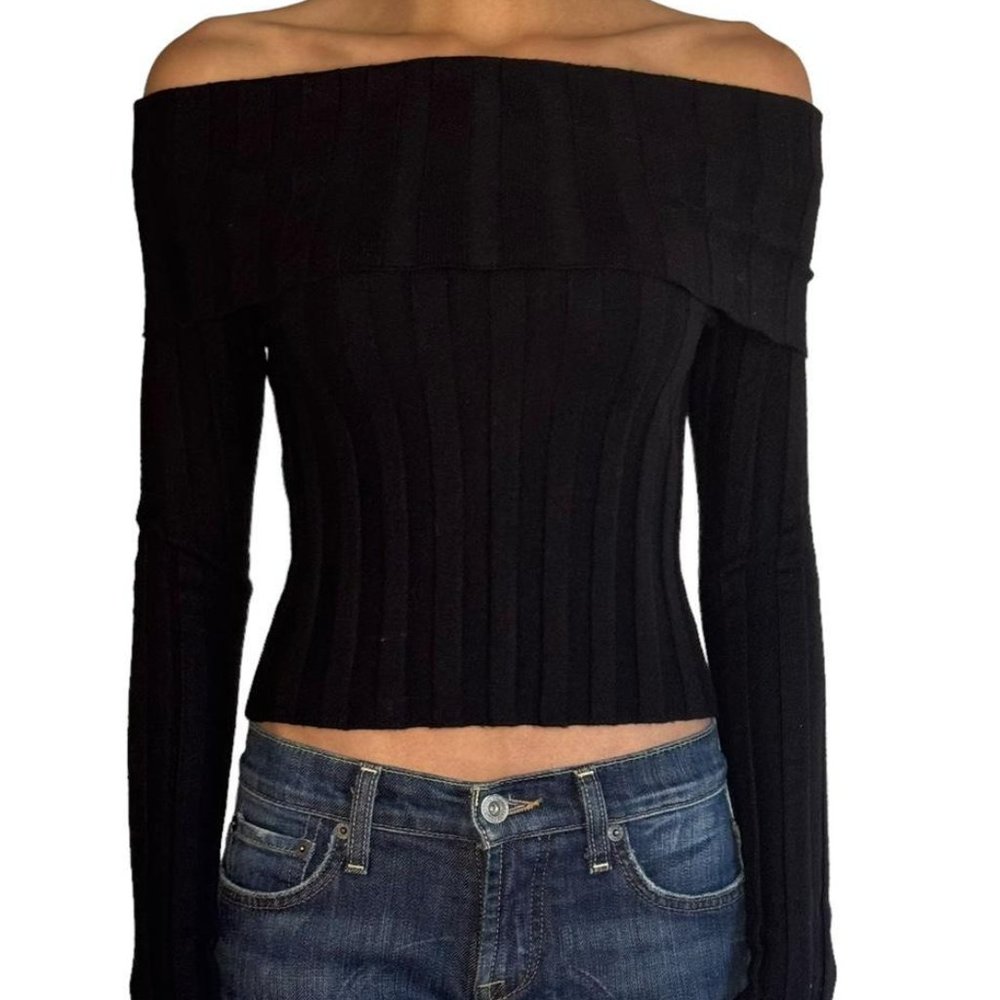 Zara Black Off-the-shoulder Ribbed Knit Top Long Sleeve Size S